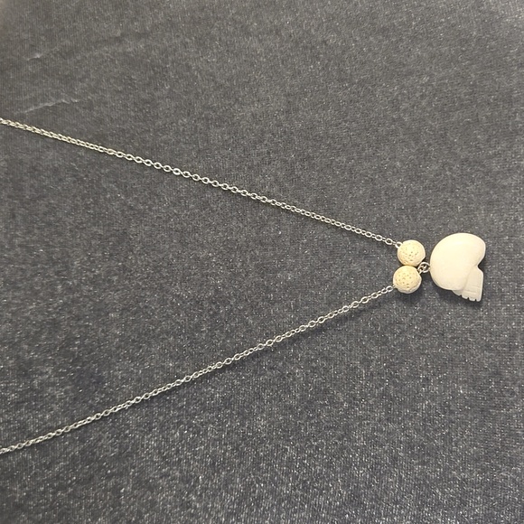 Handmade Jewelry - Carved White Jade Skull & Lava Stone Healing & Protection Natural Stone Necklace